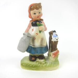 Vintage Erich Stauffer Figurine Girl Jug Flowers Bird Porcelain Arnart Japan